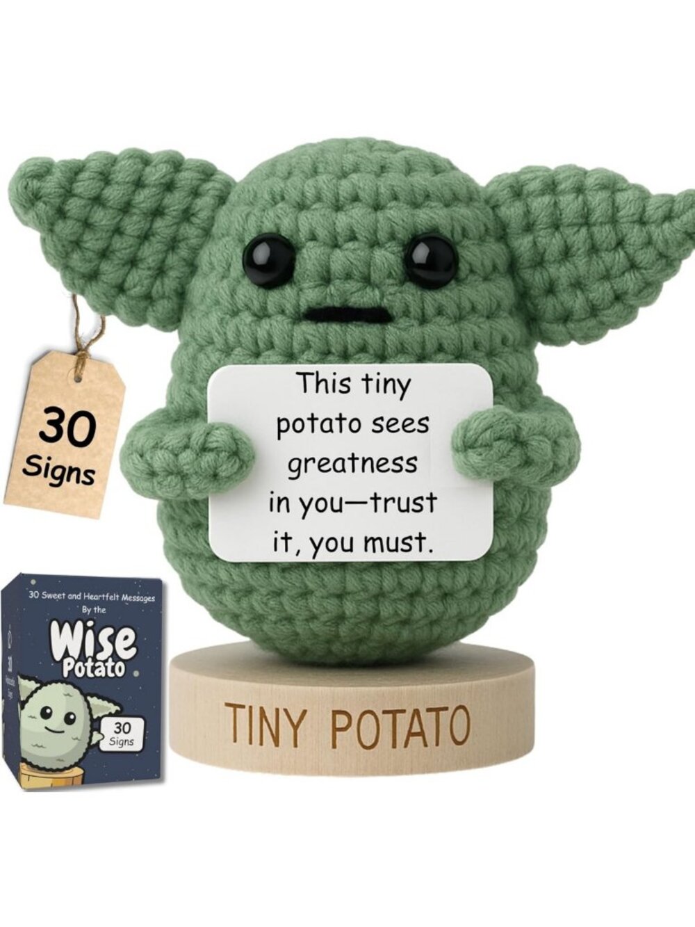 Handmade Baby Yoda Crochet | 30 Fun Affirmations | Unique Gift for Birthdays - Picture 1 of 7